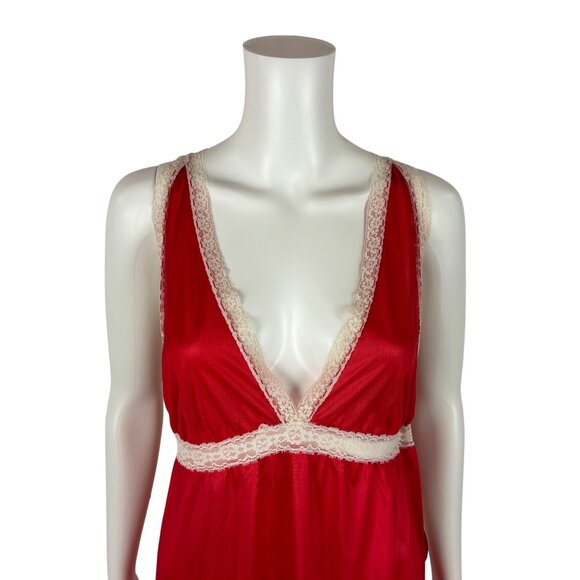 Vintage 80s Red Nightgown Women's Size M Valentines White Lace Deep V Nightie De - Picture 3 of 10